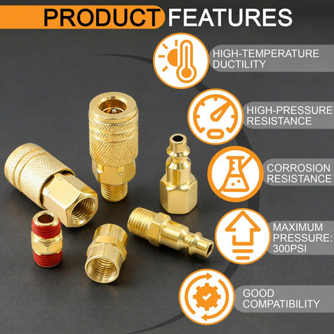 48 Piece One Quarter Inch Quick Connect Air Hose Fittings Kit With Swivel Brass Plated Pneumatic Tool Couplers And Plugs Set For Pneumatic Tools Built To Last Heavy Duty Leak Proof 300 PSI, brass fittings on dark background