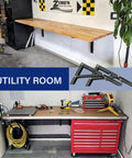 Heavy Duty Folding Shelf Brackets, 20 Inch 4 Pack Collapsible Wall Mounts in a utility room with work surfaces.