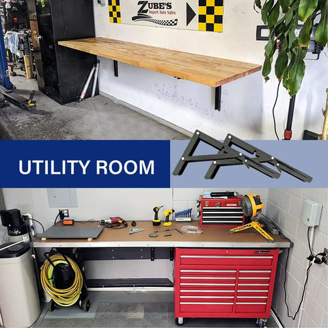 Heavy Duty Folding Shelf Brackets, 20 Inch 4 Pack Collapsible Wall Mounts in a utility room with work surfaces.