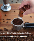 Espresso WDT Tool With Walnut Wood Handle For Baristas And Coffee Nerds 0.35mm 10 Thick Spring Needles in use over portafilter