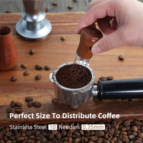 Espresso WDT Tool With Walnut Wood Handle For Baristas And Coffee Nerds 0.35mm 10 Thick Spring Needles in use over portafilter