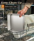8x8 Inch 304 Stainless Steel Baking Pan With Lid being placed in dishwasher, showcasing its dishwasher safe feature.