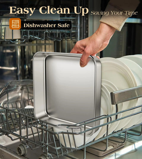 8x8 Inch 304 Stainless Steel Baking Pan With Lid being placed in dishwasher, showcasing its dishwasher safe feature.