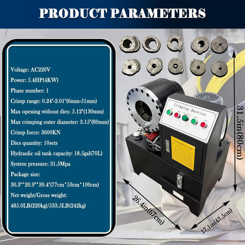 Heavy Duty Electric Hydraulic Hose Crimper And Rock Solid Swage Press For One Quarter To Two Inch Lines With Quick Swap Ten Die Set High Pressure Tube Shrink Assembly Tool 5.4Hp 220V Shop Workhorse with detailed product parameters.