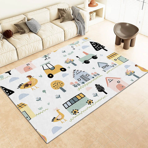 Machine Washable 4x6 Ft Large Area Rug Cartoon Farm Tractor Design Ultra Soft Cozy Low Pile in living room setting