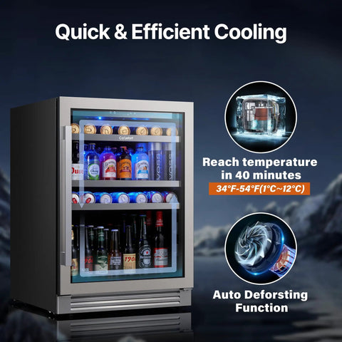 24 Inch Beverage Refrigerator With Glass Door For Home Kitchen Holds 140 To 180 Cans Temperature Range 34 To 54 F Built In Or Freestanding Cooler Three Adjustable Shelves Quiet Led Lighting Easy Access Drink Fridge with quick cooling and auto defrost features.
