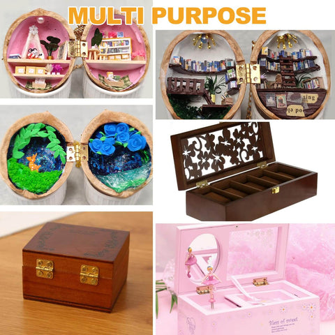 Gold Mini Dollhouse Hinges Kit With 30 Tiny Hinges And 120 Nails For 180 Degree Full Motion Copper Metal DIY Hardware visible on miniature furniture, jewelry boxes, and cabinets.