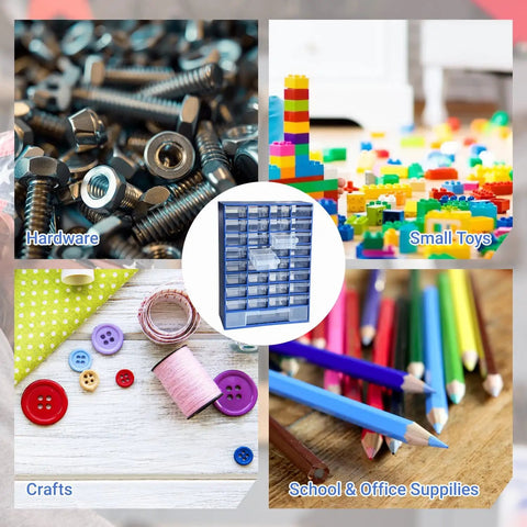 Collage features Dope 33 Drawer Plastic Small Parts Organizer With Clear Drawers and various uses for hardware, toys, crafts, and supplies.