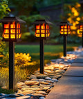 Outdoor Solar Torch Lights 10 Pack With Dope Flickering Flame illuminating garden path, waterproof solar powered tiki torches