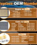 OEM replacement numbers for All In One Engine Air Filter Oil Filter And Cabin Air Filter Kit Fits 2012 2017 Toyota Camry Non Hybrid 2013 2018 Avalon 2011 2020 Sienna 2014 2019 Highlander And Lexus
