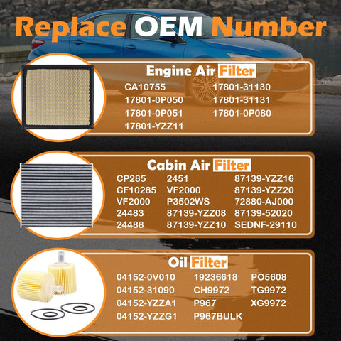 OEM replacement numbers for All In One Engine Air Filter Oil Filter And Cabin Air Filter Kit Fits 2012 2017 Toyota Camry Non Hybrid 2013 2018 Avalon 2011 2020 Sienna 2014 2019 Highlander And Lexus