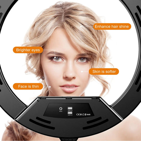 Woman's face in a Big 22 Inch Ring Light With Stand And 75 Inch Tripod For iPhone iPad LCD Display showcasing beauty effects