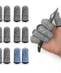Cut Resistant Finger Cots 12 Pack Protective Finger Sleeves Reusable Finger Guards Anti Slip Finger Covers in use holding a tool