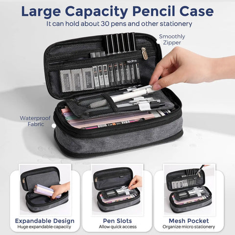Open pencil case showing mesh pockets and organized stationery from All In One 50 Piece School Supplies Stationery Set