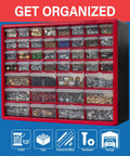 44 Drawer Plastic Storage Cabinet For Garage Organization And Bead And Small Parts Organizer, Red with assorted contents.