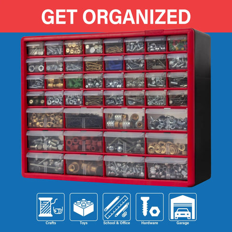 44 Drawer Plastic Storage Cabinet For Garage Organization And Bead And Small Parts Organizer, Red with assorted contents.