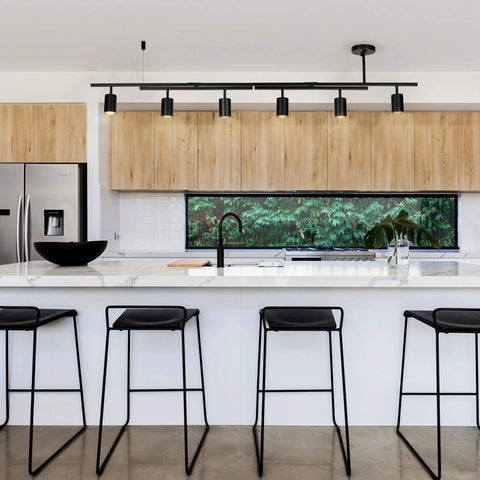 Six Light Track Lighting With Center Swivel Bar And Adjustable Heads In Matte Black Finish For Kitchens And Open Spaces