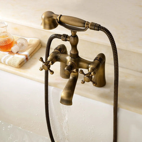 Antique Vintage Brass 6 Inch Centers Two Handle Clawfoot Bathtub Faucet Set With Deck Mounted Shower Combo Hand Shower Included, Retro Vibe