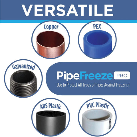 Image showing different pipe materials Copper, PEX, Galvanized, ABS, and PVC to use with Self Regulating Heat Tape For Water Pipes With GlowCap Built In Thermostat 60 Ft 120V Easy Install No Fuss Heavy Duty Freeze Protection Tape Included 10 Year Warranty Works On Copper Steel PEX PVC.