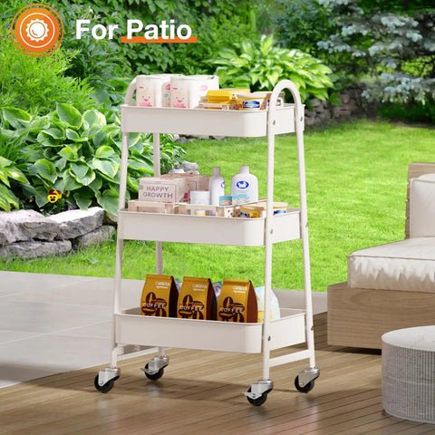 3-Tier Rolling Utility Cart With Locking Wheels For Small Spaces in a patio setting