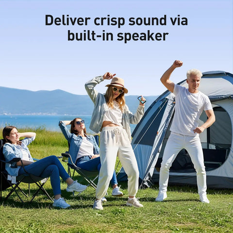 People dancing outdoors holding Hella Massive 96GB MP3 Player With Bluetooth And WiFi, 4 Inch Android MP4 Player T08 near tent