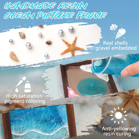 Ocean Resin Art Kit All In One For Beginners With Frames And Tools Epoxy Resin Set Includes UV Resin UV Light Pigments Sand Shells And Pearls Great Gift For DIY Lovers Stress Relief Creative Home Craft, showing shells and resin pouring into a frame.