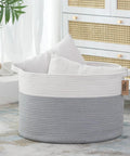 XXL Cotton Rope Blanket Storage Basket 21x21x13.6 Inches Round Toy Organizer For Blankets Towels Clothes And Baby Gear White Grey Mega Sized Durable Laundry Bin For Nursery Living Room Or Closet Organization