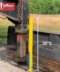 Gooseneck Hitch Alignment Helper With Bright Yellow Rubberized Ball Thirty Inch Long Three Quarter Inch Wide Designed For Trucks Trailers Campers RVs Farm Equipment Towing Utility Automotive Use Makes Aligning And Hooking Up Quick And Hassle Free shown on truck bed