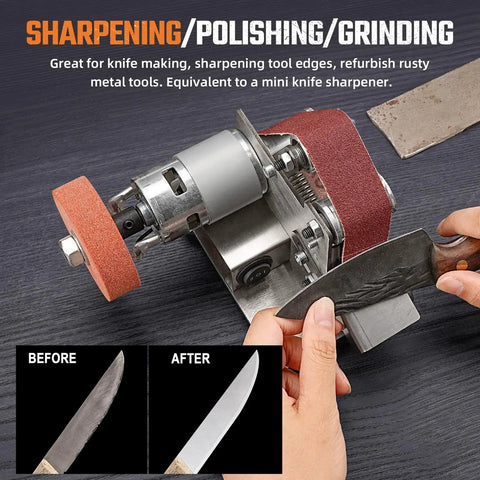 Dope Compact Mini Electric Belt Sanding Machine Knife Sharpener Kit with 7 speed adjustable power used for sharpening a knife.