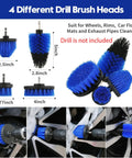 Four blue drill brush heads from 45 Piece Car Detailing Kit Beast With Pro Brush Set for wheels and cleaning use.