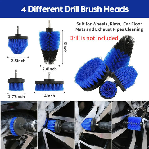 Four blue drill brush heads from 45 Piece Car Detailing Kit Beast With Pro Brush Set for wheels and cleaning use.