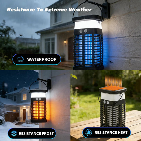 Must Have All In One Solar Mosquito Zapper For Indoor And Outdoor Use With RGB Light And Reading Lamp Portable And Rechargeable Waterproof Fly Killer For Home Backyard Patio And Campsites installed on house wall during different weather conditions