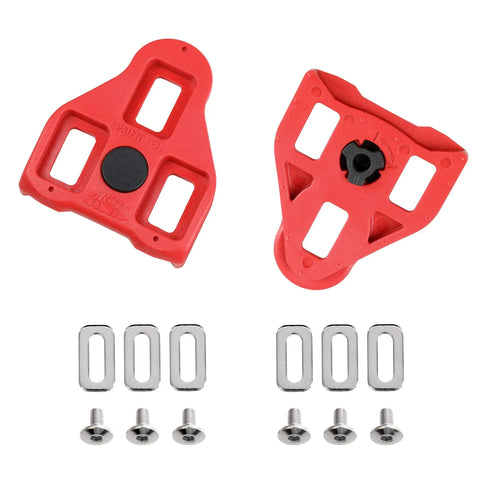 Look Delta Compatible Bike Cleats For Peloton And Indoor Cycling Shoes, 9 Degree Float, showing two red cleats and hardware