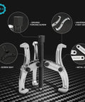 4 Inch 3 Jaw Gear Puller for Removing Gears Pulleys Bearings and Flywheels, fully assembled, drop forged CRV steel jaws, on carbon-fiber backdrop.