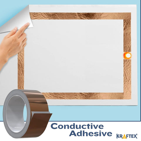 Dope Copper Tape 1 Inch By 66 Ft Conductive Adhesive Foil with hand applying tape on white surface.