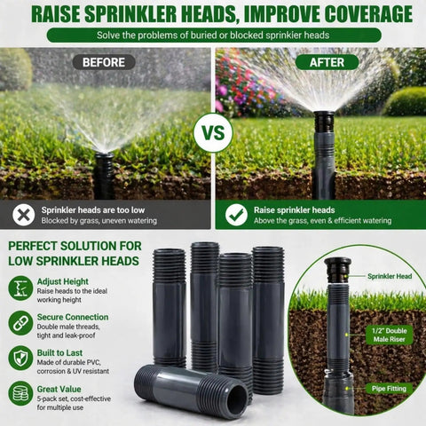Five Pack Sprinkler Riser Extensions One Half Inch Male Pipe Thread Two Inch Length Easy Install PVC Double Male Connector