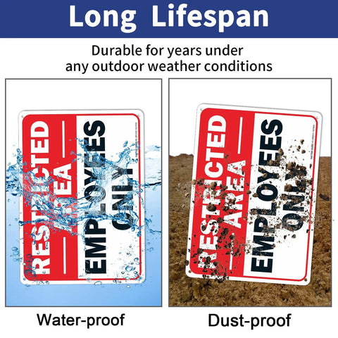 2 Pack Restricted Area Employees Only Sign 10x7 Inches Aluminum Rust Free UV Protected Weather Resistant Waterproof Durable Ink Easy Mount No Entry For Unauthorized Folks High Visibility Security Notice For Offices Warehouses And Shops in water and dirt