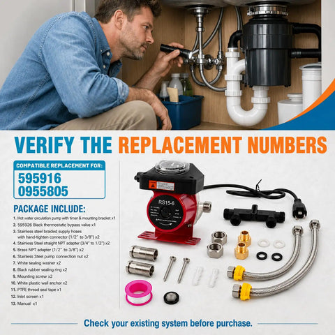 Upgraded Hot Water Recirculating Pump Kit Fits 595916 And 0955805 Models, showing installation components and details.