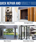 Bi-Fold Door Top Roller Hardware Kit With Spring Loaded Pivots And Guide Wheels For Closet Folding Shower Pocket And Accordion Doors DIY Replacement Parts image showing various door types.
