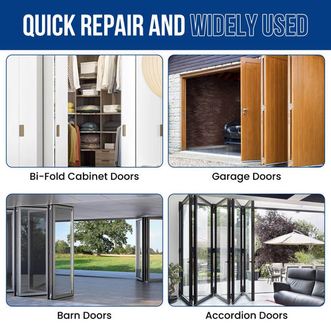 Bi-Fold Door Top Roller Hardware Kit With Spring Loaded Pivots And Guide Wheels For Closet Folding Shower Pocket And Accordion Doors DIY Replacement Parts image showing various door types.