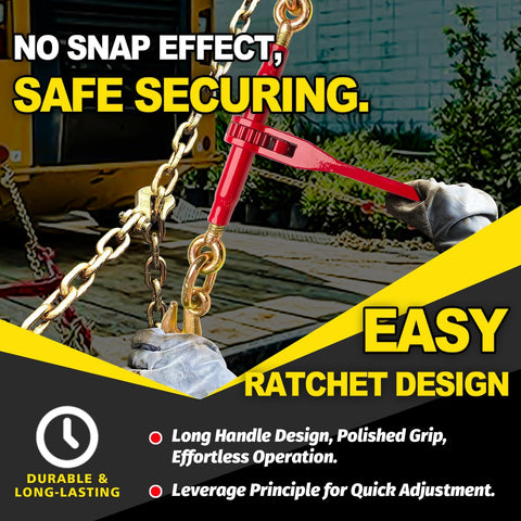 Heavy Duty Ratchet Chain Binders 3/8 To 1/2 Inch, 4 Pack With Clevis Hooks, 9,200 Lbs Working Load used for securing cargo on a truck.