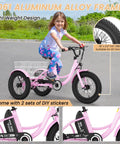 Kids Electric Tricycle 250W Three Wheel E Trike With 16 Inch Tires And Basket Anti Tip Stable Ride Quality Certified For Safe Fun Great For Neighborhood Cruises And Family Adventures. Pink kids electric tricycle with 16-inch fat tires, aluminum frame, and rear basket.