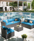 All Weather Wicker Outdoor Furniture Set, 7 Piece Sectional Sofas With Waterproof Cover, Rust Resistant Steel Frame, Durable Patio Conversation Set For Backyard And Garden, Peacock Blue