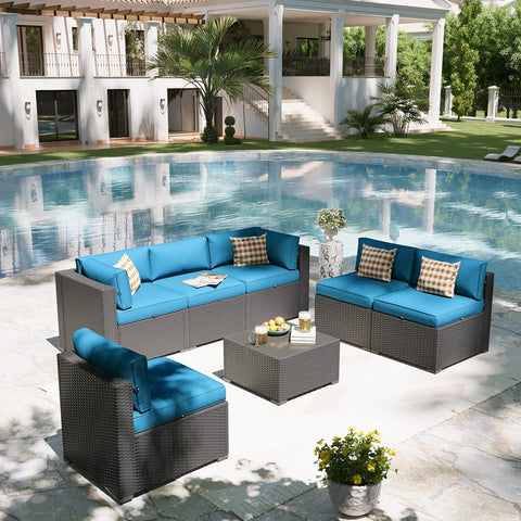 All Weather Wicker Outdoor Furniture Set, 7 Piece Sectional Sofas With Waterproof Cover, Rust Resistant Steel Frame, Durable Patio Conversation Set For Backyard And Garden, Peacock Blue
