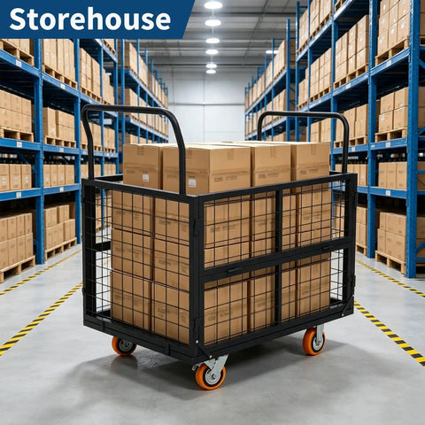 Premium Foldable Platform Truck Cart For Stress Free Living Room Moves with boxes in a warehouse setting.