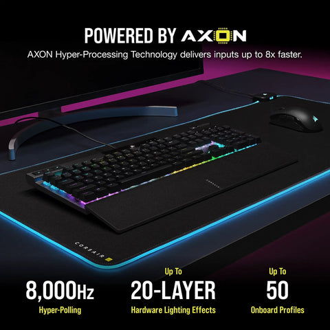 Elite Mechanical Gaming Keyboard With Cherry MX Red Switches And Fire Per Key RGB Lighting features in a gaming setup with AXON tech.