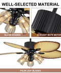 52 Inch Tropical Ceiling Fan With Light And Remote Control Palm Leaf Blades With 5 Glass Lampshades, showing motor and blades