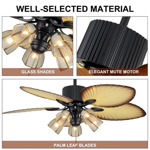 52 Inch Tropical Ceiling Fan With Light And Remote Control Palm Leaf Blades With 5 Glass Lampshades, showing motor and blades