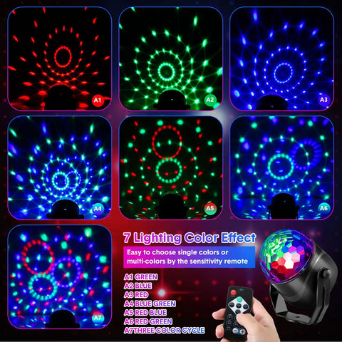 Six Pack Disco Ball Party Lights RGB DJ Strobe Light with remote showing multi-color lighting patterns and modes