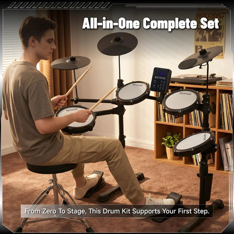 Silent Electronic Drum Set For Adults And Beginners Complete Mesh Pad Kit in use with throne, sticks, and pedals MT20C Black